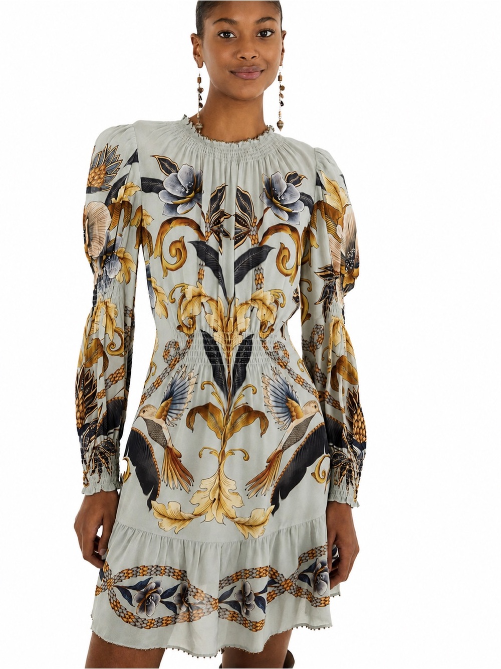FARM Rio Blue Snake Garden Long Sleeve Mini Dress, Snake Garden Blue / XS